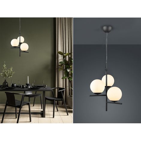 LED Pendelleuchte 3-flammig Schwarz mit Kugel Lampenschirmen Glas Weiß, Ø 40cm (1/5)