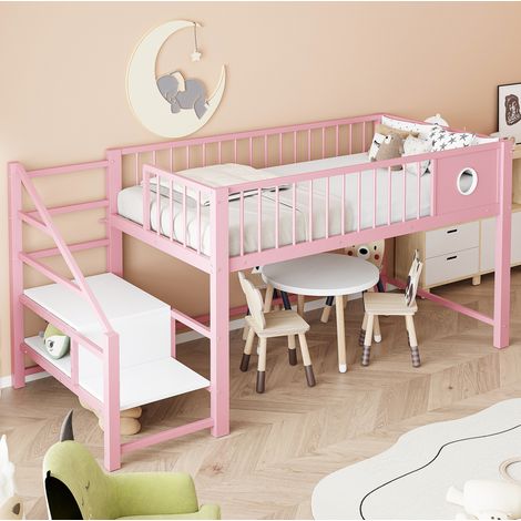 Cama infantil alta con almacenamiento rosa OKMYHOME (1/5)