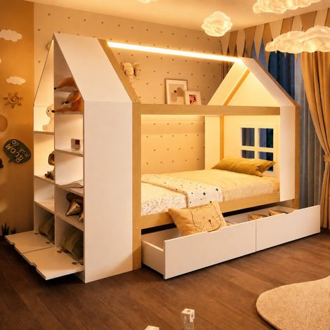 Lit cabane 90x200 cm enfant avec LED, 2 tiroirs et rangements latéraux, structure stable en bois - naturel (1/5)