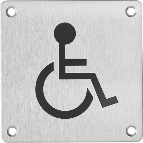 Plaque de signalisation WC Handicapé, à visser, inox brossé, marquage noir, 100x100mm - (1/5)
