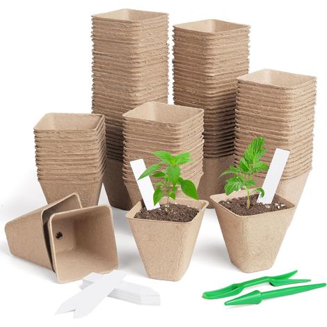 50 pots carrés biodégradables de 7,6 cm (3 pouces) remplis de tourbe et étiquetés, pour pépinière de plantes de jardin extérieur (1/5)