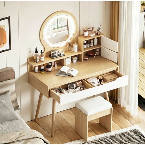 Coiffeuse 80x40 cm bois naturel – miroir LED, 2 tiroirs et 2 rangements compacts (1/5)