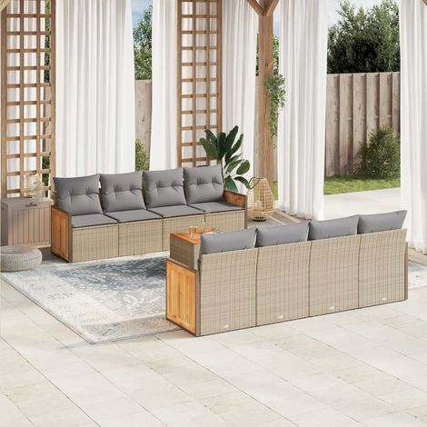 Salon de jardin modulable 9 pièces en résine tressée beige avec coussins gris clair et table en acacia massif (1/5)
