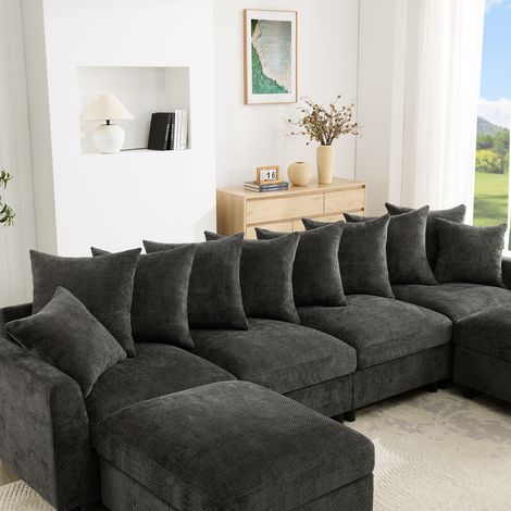 Canapé d'angle modulaire en forme de U/L, 6 places convertible avec 2 poufs mobiles, ports USB/Type-C, 8 coussins réglables + 2 décoratifs, tissu chenille gaufré gris (1/5)