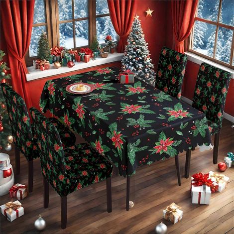 Nappe de Noël classique rouge et verte, imprimée numériquement, imperméable, avec housse de chaise décorative, ensemble TC-245 (140 x 210 cm)