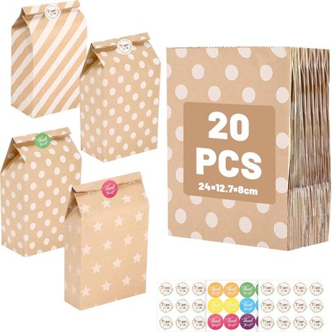 Sac en Papier Kraft pour Bonbons, 20 Pièces avec 36 Autocollants, 24x13x8cm (1/5)