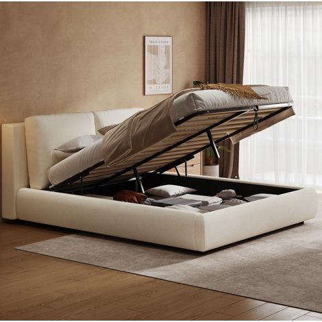 Doppelbett 160x200 cm beige Bouclé mit hydraulischem Stauraum und Lattenrost (1/5)