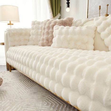 Soft and thick plush sofa cushion cover, non-slip, 1, 2 or 3 seater, fluffy faux fur, protector for living room corner sofa (beige, 70 x 70 cm) (1/5)