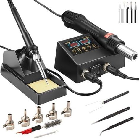 Reparatur-Lötstation, 2-in-1-SMD-Heißluftstation und Lötkolben-Set. Heißluftpistole mit Lötspitzen, Heißluftlanzen und Klemmen. (1/5)