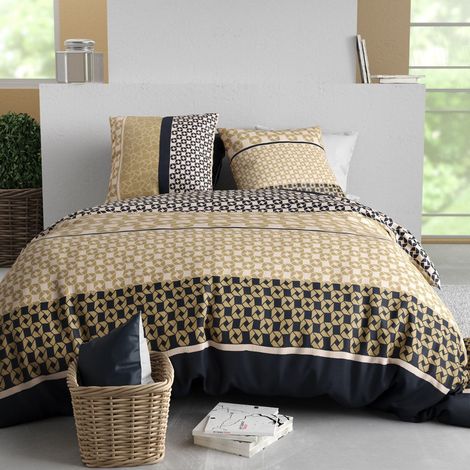 Parure housse de couette 260x240cm + 2 taies motif géométrique beige et noir 100% coton - MELUSINE (1/4)
