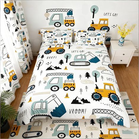 Cartoon Voiture Enfants Housse de Couette 140x200cm Parure de Lit Cadeau décoration Camion Tracteur Blanc Jaune (1/5)