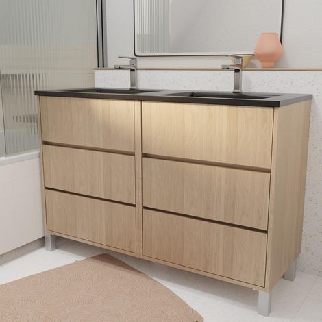 Mueble de baño 120 cm 6 Cajones Roble Claro + Lavabo Doble Cerámica Negra