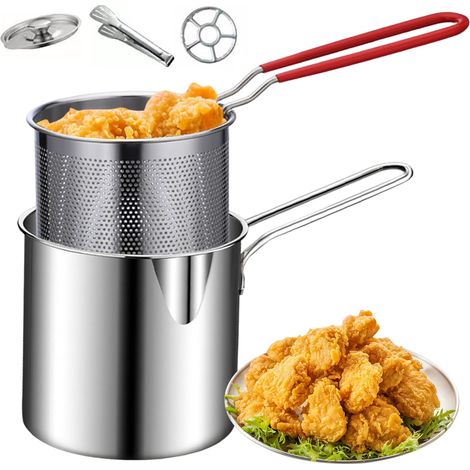Mini-Fritteuse, Edelstahltopf mit Frittierkorb und hitzebeständigem Griff, für Pommes frites, Hähnchen, Tempura (1/5)