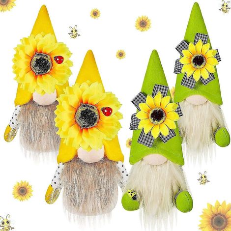 Set mit 4 Sonnenblumen-Gnomen-Plüschfiguren, Gnomen, Elfen, Zwergen, Heimdekoration, Frühlingshüten (1/5)