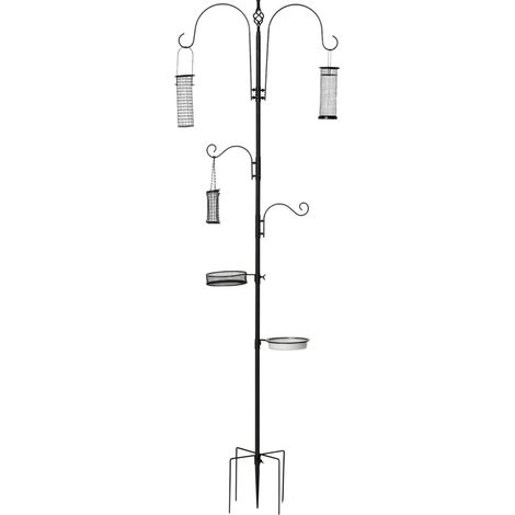 Schwarze Vogel-Futterstation aus Stahl, 208 cm, mit 4 Haken, Tränke und Tablett (1/5)
