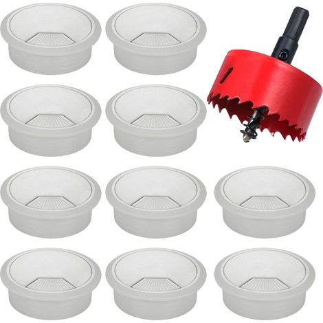 CCYKXA 10 Stück 60 mm Computerkabeltülle mit Lochsäge, runde Kabelabdeckung, Draht-Organizer für Zuhause und Büro, Grau (1/5)