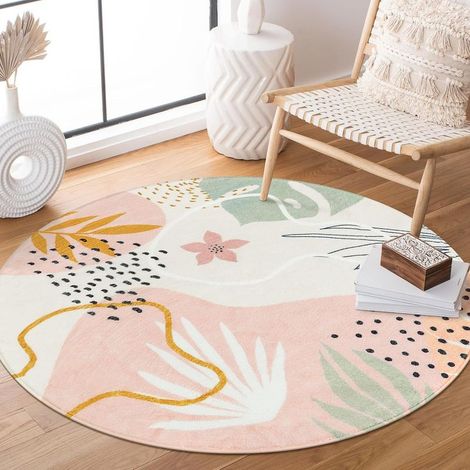 Tapis rond bohème rose - Tapis rond doux et mignon pour enfants, lavable, antidérapant, à motif botanique (1/5)