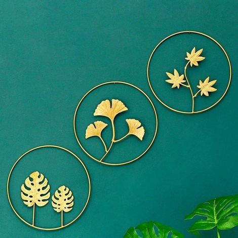 3Pcs Sculptures Murales en Fer en Métal Feuilles Rondes Figurine Murale Nature Gingko Biloba Art Ornement Suspendu pour La Décoration D'hôtel à La Maison (Doré) (1/4)