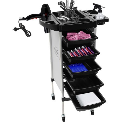 Chariot de coiffure, pliable, Coiffure A Roulette 6 étages avec 5 tiroirs, pour coiffeur, coiffure, salon de beauté, blanc (1/5)