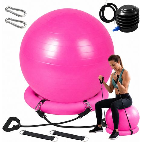 Relaxdays Exercise Ball 65 cm, resistance bands, pump & ring, anti-burst, Yoga & Pilates, office seat, pink (1/5)