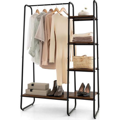 COSTWAY Portant à Vetement, Penderie Vetement avec Tringle, 5 Étagères, Porte Vetement Solide pour Chambre, Buanderie, Vestiaire, Style Industriel, Marron Rustique (Marron) (1/5)