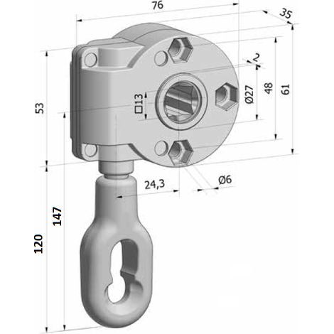 Treuil 1/11 avec entrée anneau Ø10mm – Sortie carré 13mm femelle – Longueur 120mm pour levage charges lourdes - Lg120