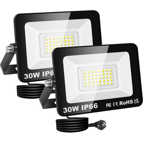 2x projecteur led extérieur avec prise, 30W 3000lm IP66 étanche 6000K blanc froid, luminaires, éclairage de sécurité, spot lampe, pour patio garage terrasse jardin chantier muraux atelier (1/5)