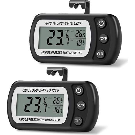 2 pièces de compteur numérique numérique -20°C à 50°C, avec crochet, température LCD facile à lire, fonction d'enregistrement de la température maximale et minimale (Noir)