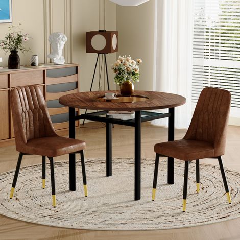 Ensemble de salle à manger rond MDF aspect bois brun et métal noir, table Ø100 cm avec 2 chaises en tissu brun (1/5)