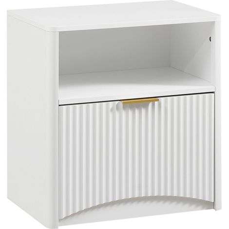 GagaTable de chevet rainurée avec tiroir ouvert et poignées dorées, gain de place, Blanc (1/5)