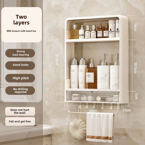 Estantería de pared para cocina, 2 niveles + cajón, 6 ganchos, toallero (no requiere taladrar).