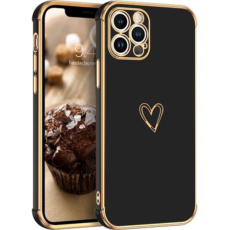 COQUE EN SILICONE POUR APPLE IPHONE 12 PRO CADRE NOIR ET DORÉ CŒUR A2341 (1/5)