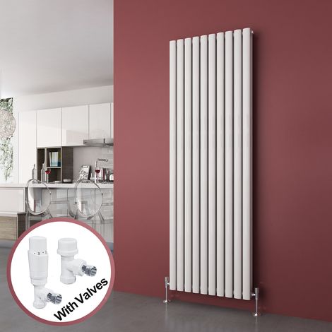 ELEGANT Vertical Column Designer Radiator White Oval Double Panel Rad 1800 x 590mm + White Thermostatic Radiator Valves (1/5)