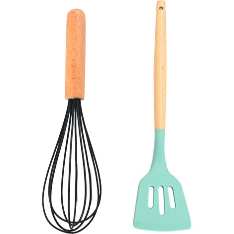 Ustensiles De Cuisine En Bois Et Silicone - Résistants À La Chaleur Pour Casseroles Antiadhésives - Ensemble De 2 Pièces (1/5)