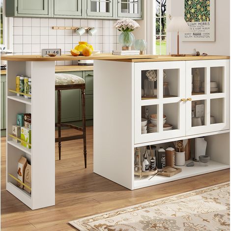 Credenza girevole 138-204/39/102,5 cm bianca con ante in vetro e ripiani regolabili (1/5)