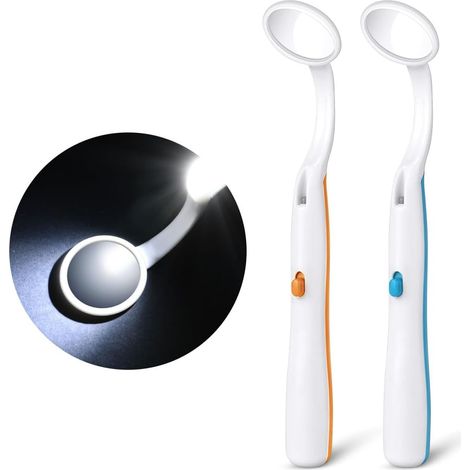 Miroir d'Inspection Dentaire avec LED Lumière, 2 Pièces Miroir Dentaire avec La Lumière, Miroir Anti Brouillard Courbe Angle, Miroir Buccal pour Soins Dentaires, Bleu et Orange (1/5)