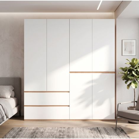 MODFU – Armario 180x50x200 cm de MDF/aglomerado con 2 roperos, 5 cajones, decoración roble artesanal y carga 30/20 kg – Blanco/roble (1/5)