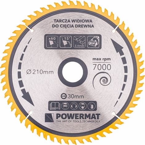Lame de scie circulaire carbure 210mm – 60 dents pour coupe transversale bois – Vitesse max 7000 trs/min – Acier trempé – Powermat