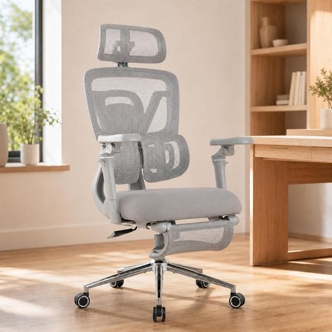 UEV Sedia Ufficio Ergonomica 6D Bracciolo Regolabile, Sedia Studio in Rete con Supporto Lombare e Poiggiatesta 3D, Sedie Inclinabile 90-135° con Poggiapiedi Retrattile, 72x69x119-125cm, Grigio (1/5)