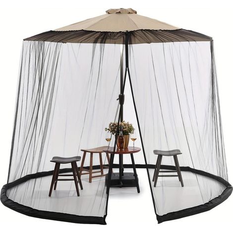 Moustiquaire de terrasse avec porte zippée et cordes réglables, adaptée aux terrasses, patios et campings, 300x230 cm, noire.