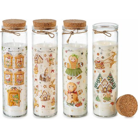 Candele natalizie profumate in barattolo di vetro con tappo sughero, decori pan di zenzero e fiocchetto, set da 4 pezzi, Ø 6 cm x 21,5 H