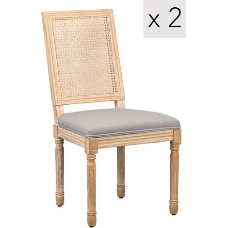 Nordlys - Lot de 2 Chaises Classiques Salle a Manger Bois Cannage Rotin Tissu (1/5)