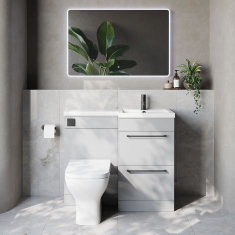 Napoli 390 Gloss Grey Pearl 1000mm 2 Drawer Vanity Unit Toilet Suite with Right Hand Square Lucia Basin - 1000mm - Matt Black 320mm HandleWith Kingston Toilet Pan and Seat