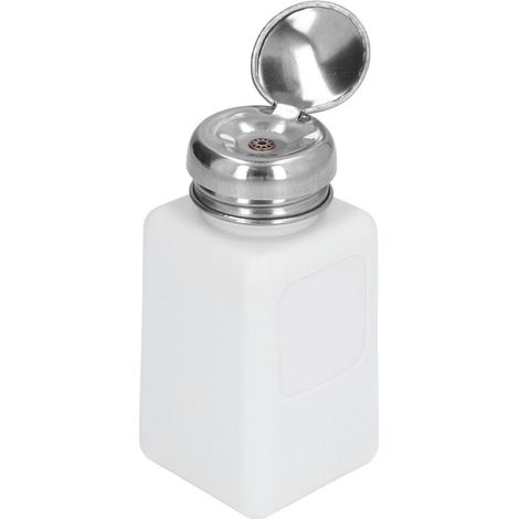 200-ml-Antistatikflasche (quadratisch) mit Pumpe und Edelstahldeckel, ESD-sicher, weiß