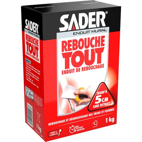 Sader Rebouche Tout – Enduit de Rebouchage Intérieur – Tous Supports – Rebouchage et Égalisation de Trous et Fissures Jusqu’à 1 cm – Joint Plaque de Plâtre – 1 carton de 1kg – Format Poudre (1/3)