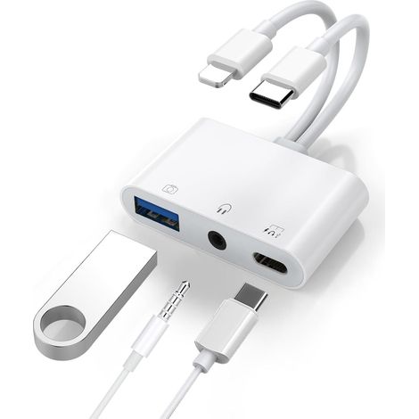 USB-C- und Lightning-auf-3,5-mm-Kopfhöreranschluss-Adapter, 3-in-1-USB-OTG-Kameraadapter und zusätzlicher Kopfhörer-Splitter, unterstützt Laden/Audio/Datenübertragung für iPhones (1/5)