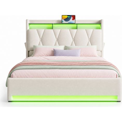 CHICFURN lit coffre rembourré velours beige avec tête de lit de rangement éclairage LED et ports USB Type C 140 x 200 cm (1/5)