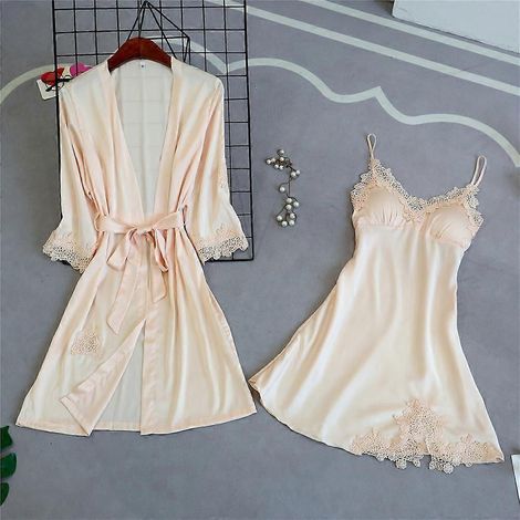 Damen-Bademantel- und Morgenmantel-Set, elegantes und legeres Sommerkleid aus Spitze und Seide, 2-teiliges Set, Nachthemd, weicher Morgenmantel, neuer Bademantel (1/5)