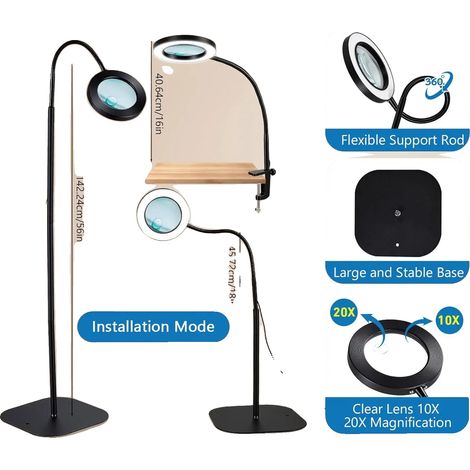 Lente d'ingrandimento con supporto, ingrandimento 20x, illuminazione a LED regolabile, colore nero. (1/2)