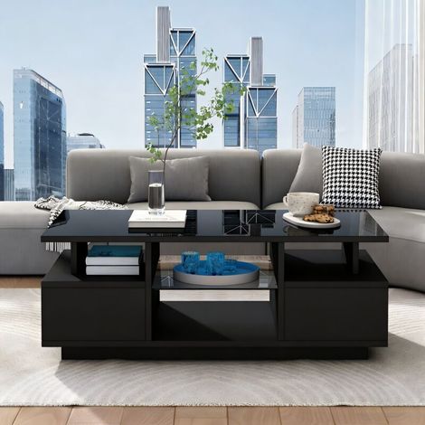 Table basse LED 100 x 50 x 36 cm – 2 tiroirs, étagères en verre, rangement ouvert, noir brillant – Élégance sobre et fonctionnelle (1/5)